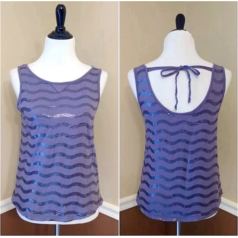Anthropologie C. Keer Purple Tie Back Tank Top with Sequined Waves Small